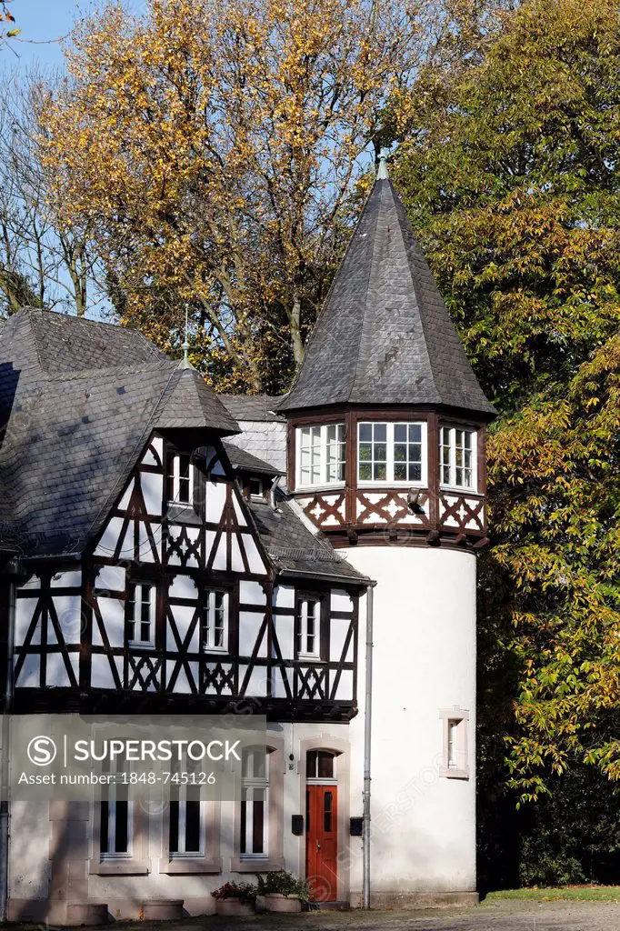 Schloss Eller castle, half-timbered building and tower in the husbandry yard, Duesseldorf, North Rhine-Westphalia, Germany, Europe