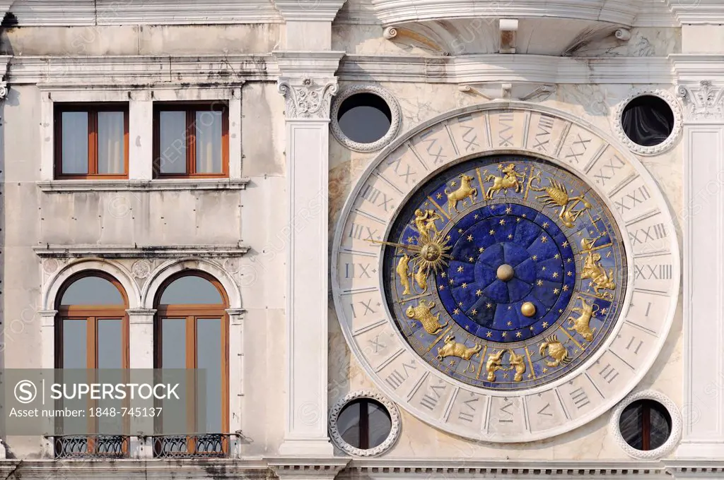 Astronomical clock, clock tower, Torre dell'Orologio tower, St. Mark's Square, San Marco, Venice, Veneto, Italy, Europe