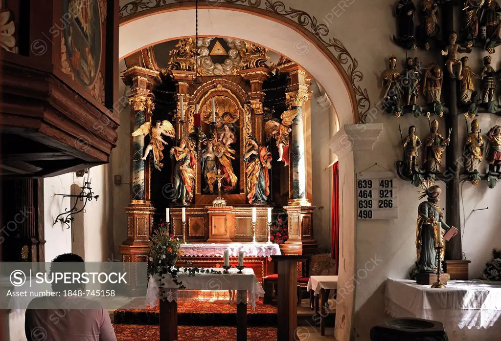 Interior view of the Chapel of St. Margareta, built in 1448, with a Baroque high altar, altar of the fourteen saints on the right, 16th century, Regen...