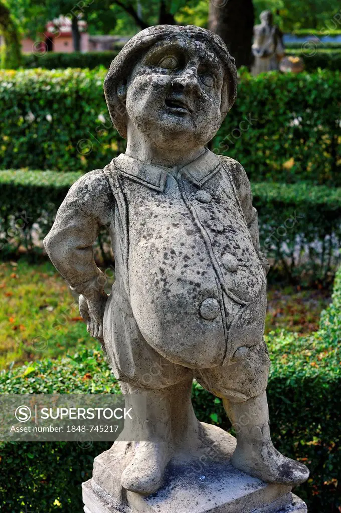 Baroque sculpture of a grotesque dwarf, the Glutton, Garden of the Hesperides, 17th-18th century, Johannisstr. 41-47, Johannis district, Nuremberg, Mi...