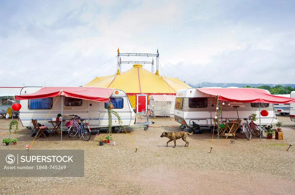 Circus wagons and circus tent, Swiss Circus Monti, Freiburg, Baden-Wuerttemberg, Germany, Europe