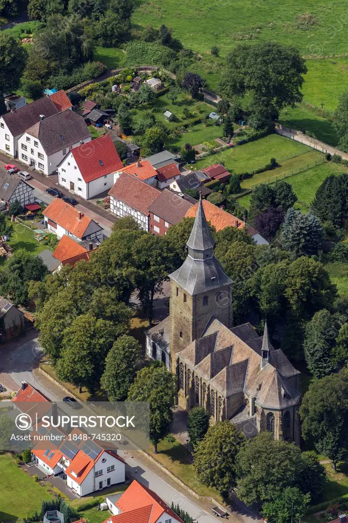 Aerial view, Church of St. Nicholas, Ruethen, Sauerland, North Rhine-Westphalia, Germany, Europe