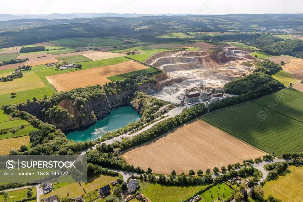 Aerial view, quarry, Blauer See lake, Fritz Weiken pit, Kallenhardt, Ruethen, Sauerland, North Rhine-Westphalia, Germany, Europe