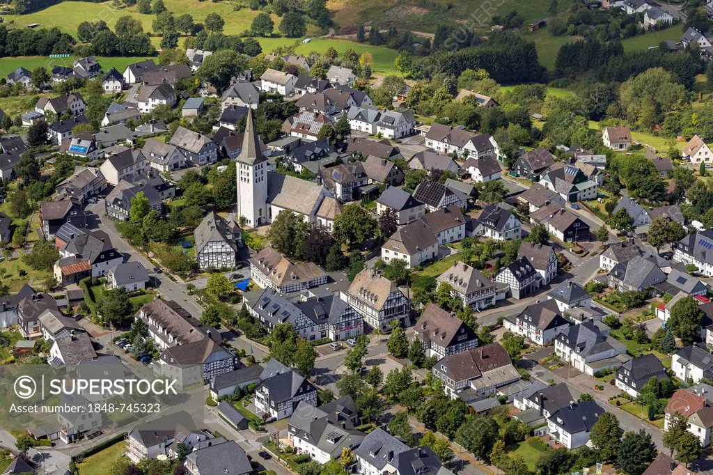 Aerial view, Hirschberg with St. Christopher's Church, Warstein, Sauerland, North Rhine-Westphalia, Germany, Europe
