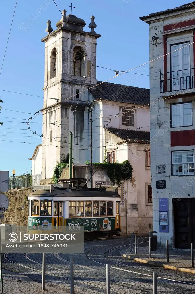 Igreja de Santa Luzia, Rococo church, and a tram, old town, Alfama, Lago das Portas, Lisbon, Portugal, Europe