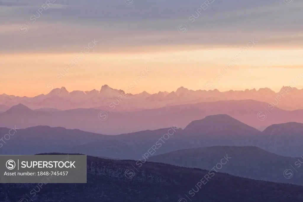View of the Alps from Mont Ventoux, looking northeast at sunrise, from the Du Mont Serein ski station, Malaucène, Vaison-la-Romaine, Provence region, ...