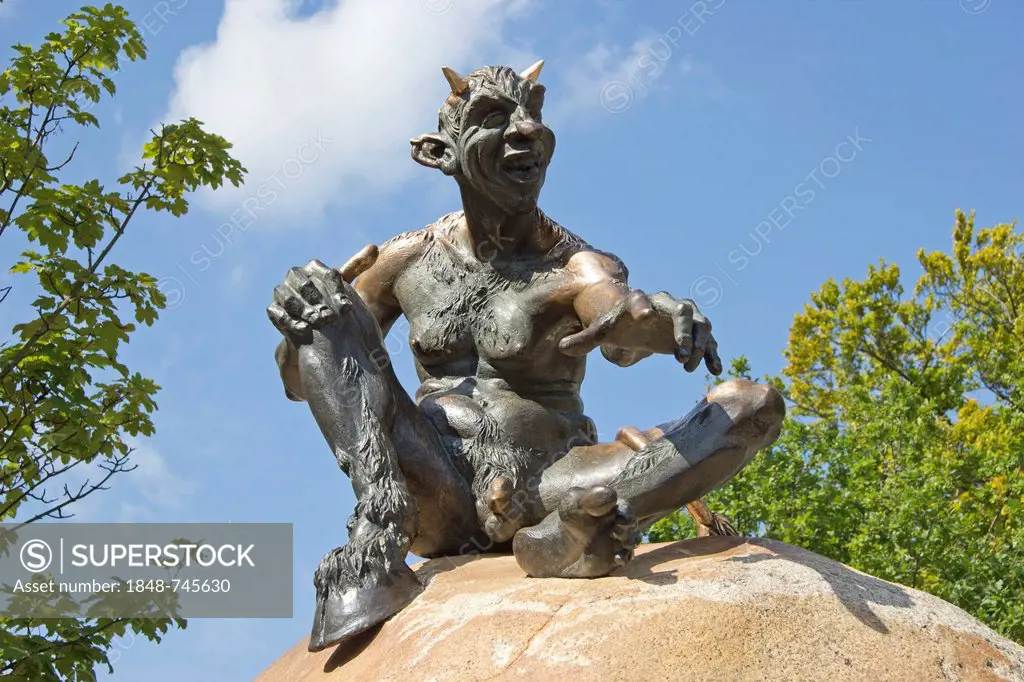 Devil statue on Hexentanzplatz plateau, Witches' Dance Floor, Thale, Harz, Saxony-Anhalt, Germany, Europe