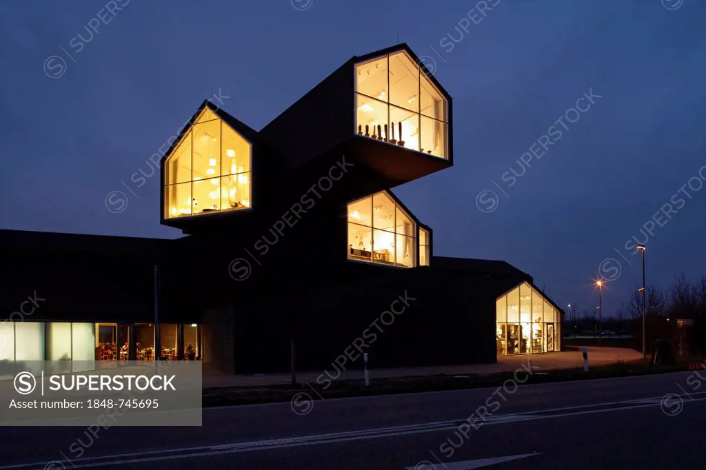 Vitra Haus building, by Herzog & de Meuron, evening mood, with traffic speeding by, architectural park of the Vitra company, Weil am Rhein, Baden-Wuer...