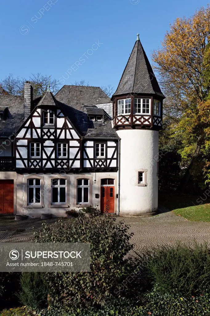 Schloss Eller castle, half-timbered building and tower in the husbandry yard, Duesseldorf, North Rhine-Westphalia, Germany, Europe