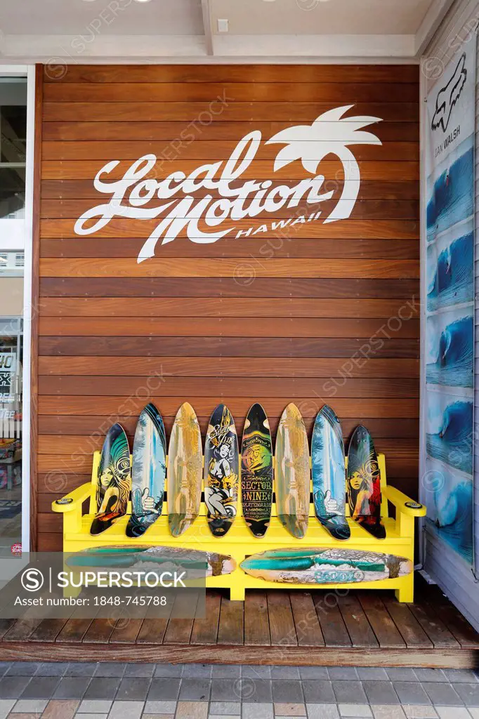 Bench made of surfboards, Ala Moana, Honolulu, O'ahu, Hawai'i, USA, America