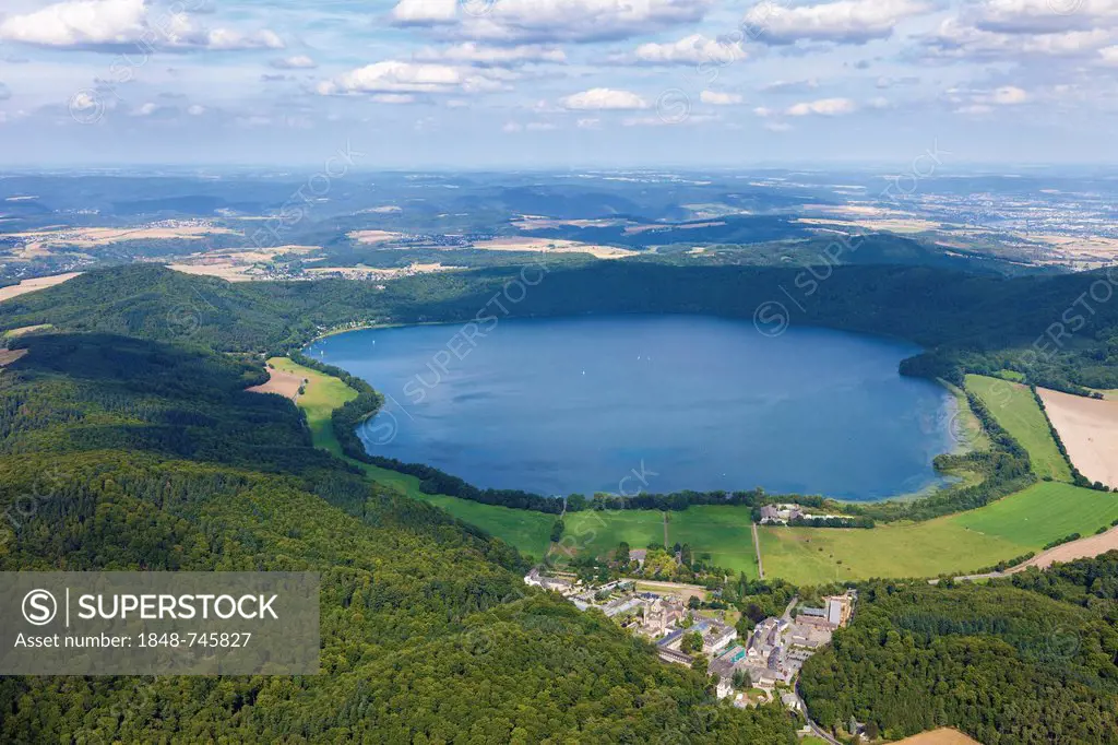 Aerial view, Maria Laach Abbey, lake Laacher See, Eifel, Rhineland-Palatinate, Germany, Europe