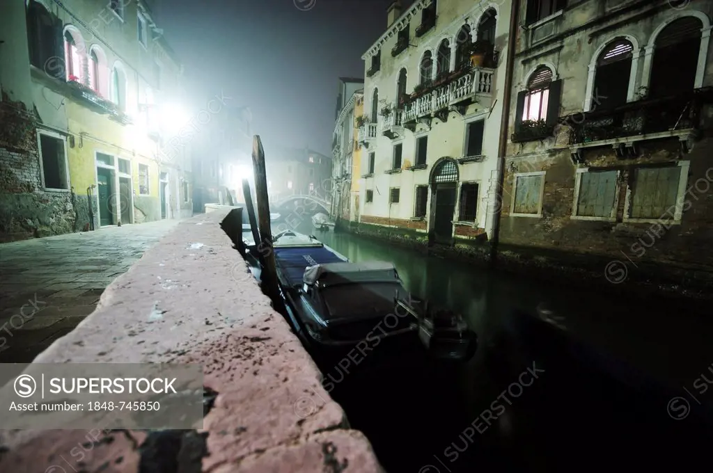 Houses by a canal at night, Venice, Venezia, Veneto, Italy, Europe