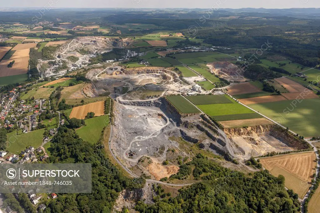 Aerial view, Kupferkuhle Quarry, Warsteiner Kalkwerk GmbH & Co. KG, Warstein, Sauerland, North Rhine-Westphalia, Germany, Europe