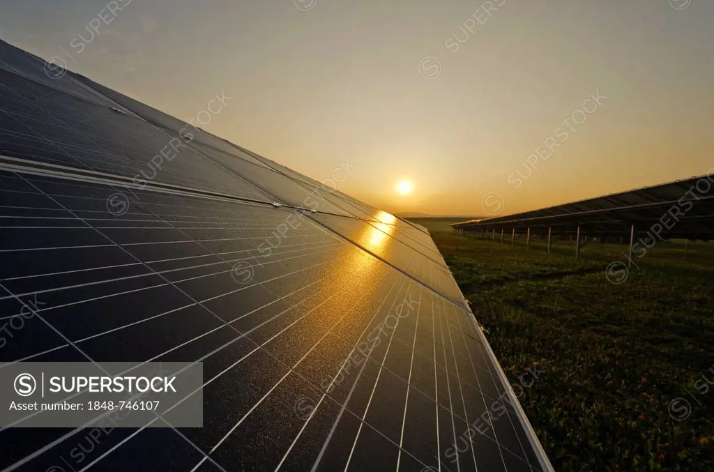 Photovoltaic power plant, at sunrise, Nentmannsdorf, Saxony, Germany, Europe