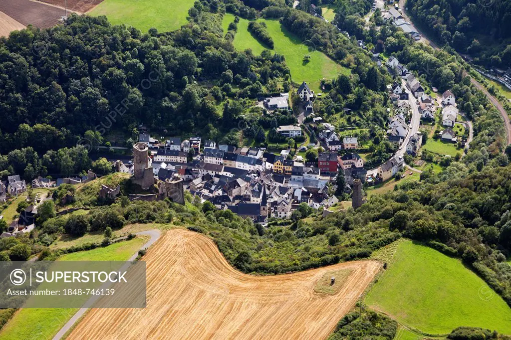 Aerial view, Loewenburg castle and Phillipsburg castle, castle ruins, Monreal, Eifel, Rhineland-Palatinate, Germany, Europe
