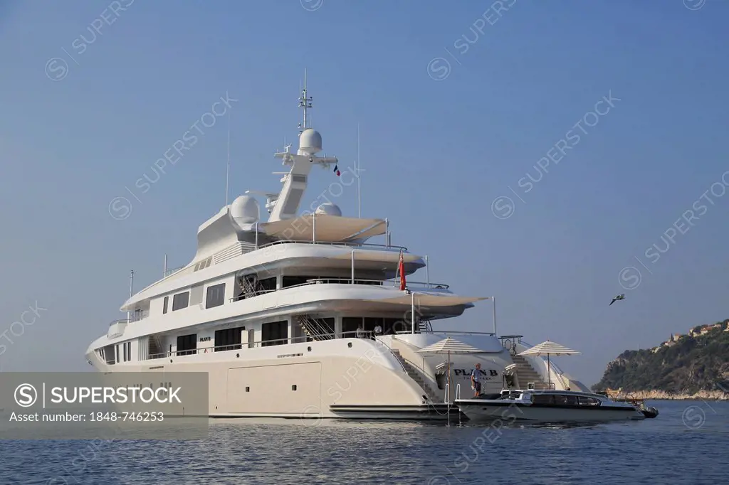 Plan B, a cruiser built by Abu Dhabi MAR Kiel, formerly HDW Kiel, length: 73m, built in 2012, in the Bay of Villefranche, French Riviera, France, Medi...