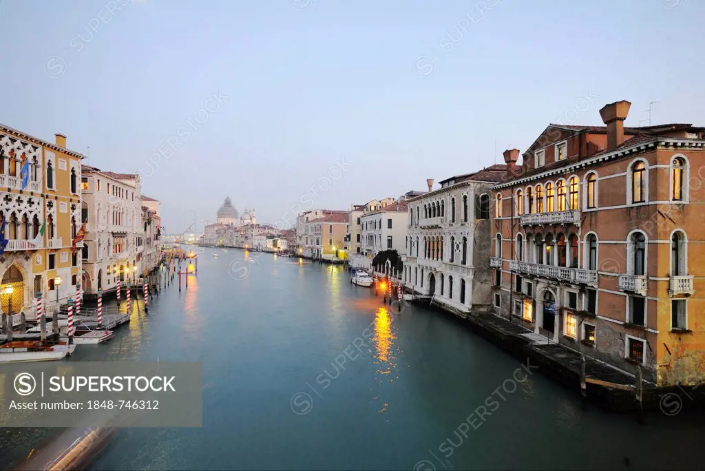 View from the Accademia Bridge, Ponte dell' Accademia, on Canal Grande, Grand Canal, Palazzo Brandolin Rota, Palazzo Contarini dal Zaffo, Venice, Vene...