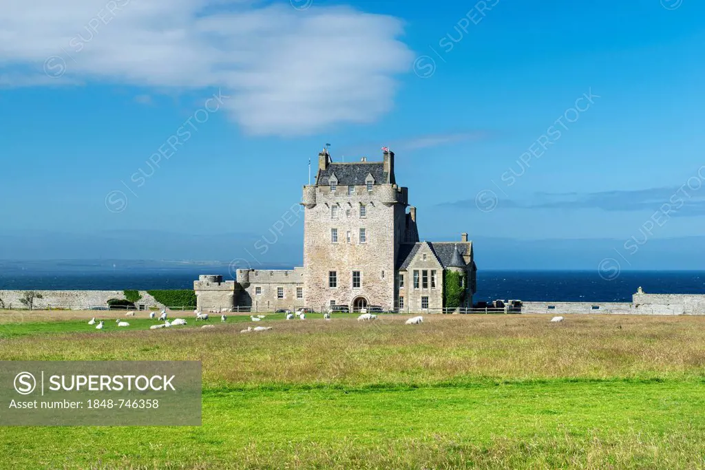Ackergill Tower near Wick, a castle from the 15th century, on the North Sea coast, Caithness County, Scotland, United Kingdom, Europe