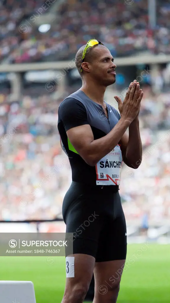 Gesture of the Olympic champion Felix Sanchez before the start of the 400 meter hurdles race at ISTAF 2012, Berlin Olympic Stadium, Berlin, Germany, E...