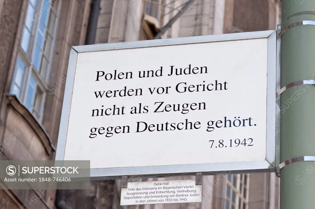 Sign, lettering Polen und Juden werden vor Gericht nicht als Zeugen gegen Deutsche gehoert, 7.8.1942, German for Poles and Jews may not testify in cou...
