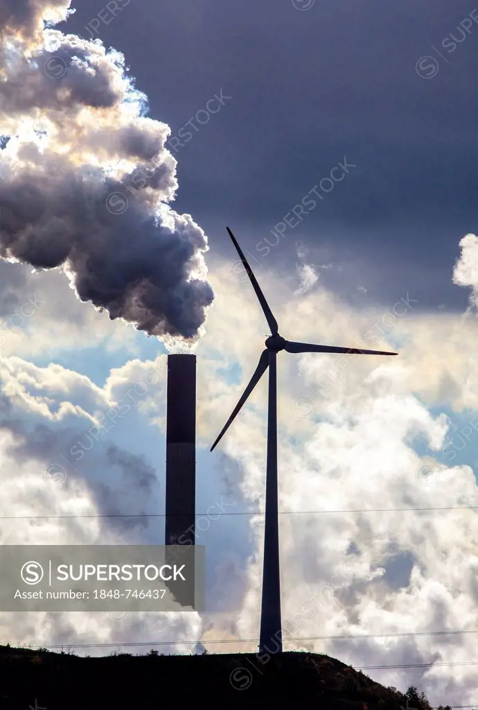 Wind turbine on the Halde Scholven heap next to the E.ON coal-fired power plant Scholven, power lines, Gelsenkirchen, North Rhine-Westphalia, Germany,...