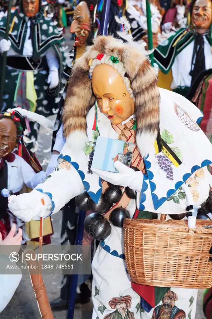 Traditional Swabian-Alemannic carnival characters with figure of Gschell, Rottweil Carnival, Rottweil, Black Forest, Baden-Wuerttemberg, Germany, Euro...