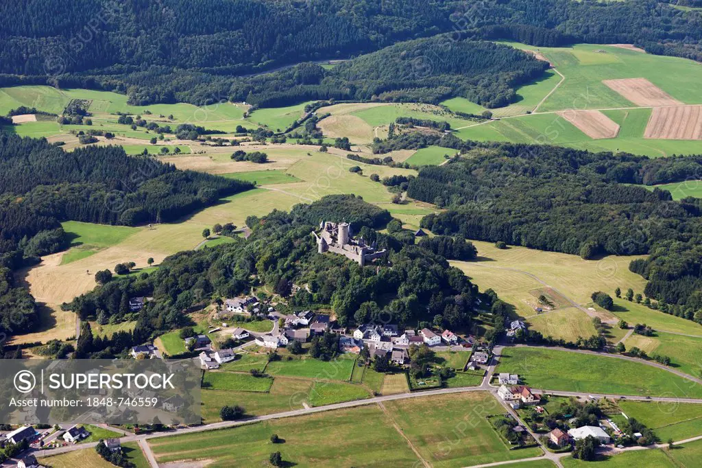 Aerial view, Nuerburg castle ruins, Eifel, Rhineland-Palatinate, Germany, Europe