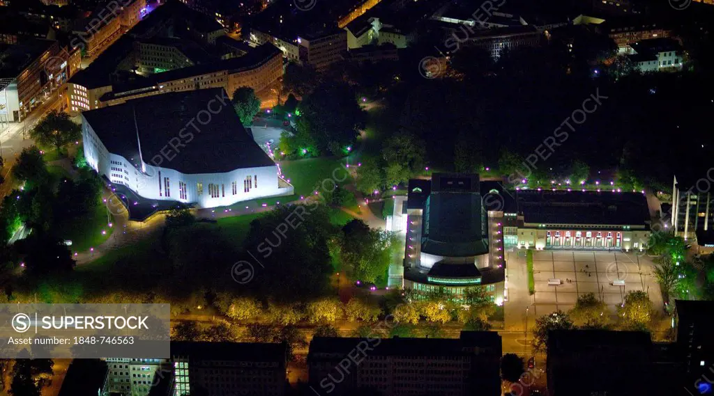 Aerial view, Aalto Theatre, Philharmonic Hall, at night, Essen, North Rhine-Westphalia, Germany, Europe