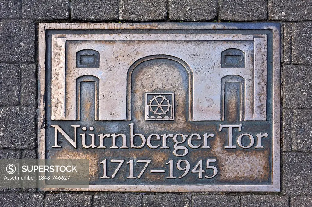Commemorative plaque at the Nuremberg city gate, 1717-1945, Nuernberger Strasse street, Erlangen, Middle Franconia, Bavaria, Germany, Europe