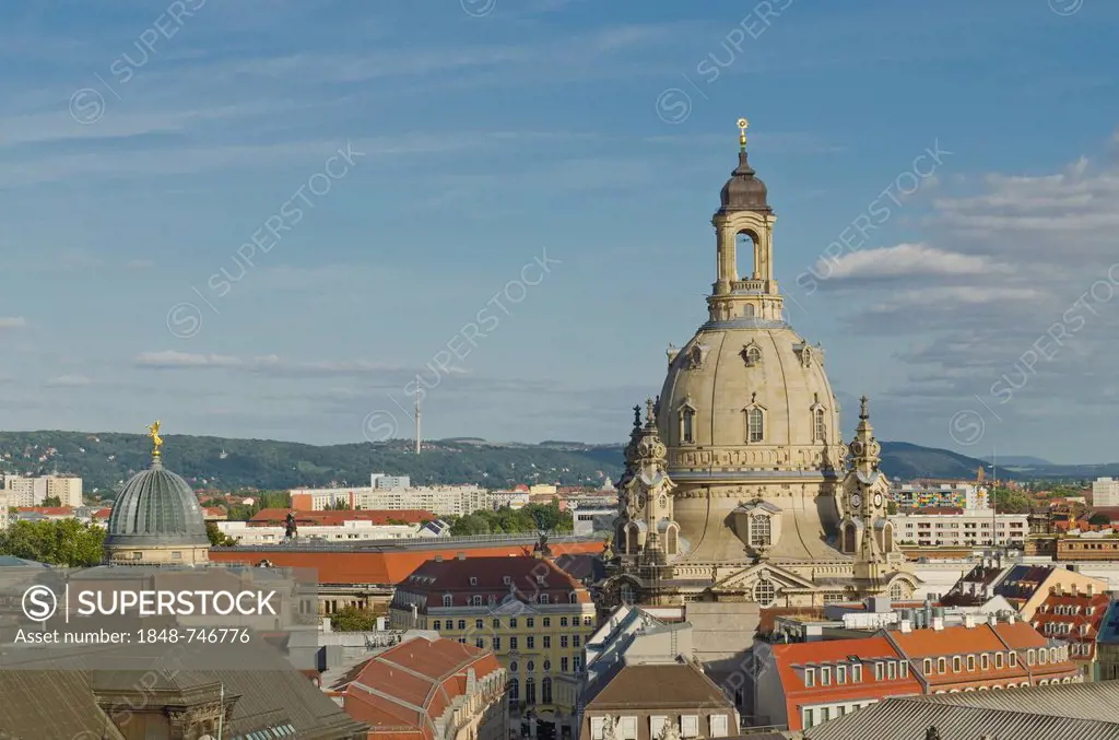 Overlooking the roofs of the historic centre of Dresden, with Frauenkirche church, viewed from Hausmannsturm tower, Dresden, Saxony, Germany, Europe