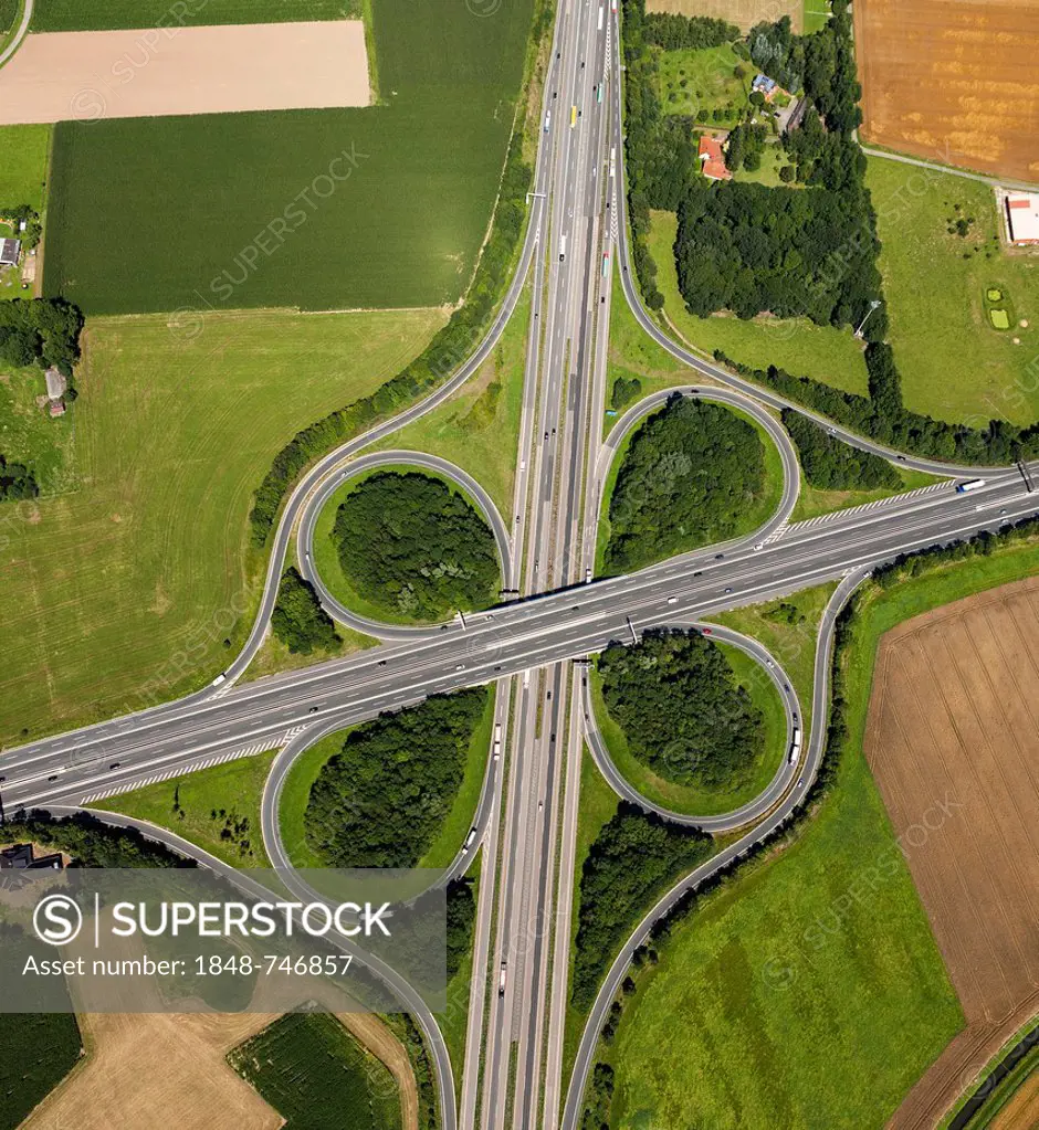 Aerial view, Lotte Osnabrueck motorway intersection, the motorways A1, A30, E30, E37, Lower Saxony, Germany, Europe