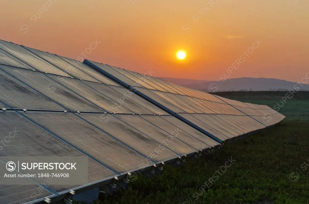 Photovoltaic power plant, at sunrise, Nentmannsdorf, Saxony, Germany, Europe