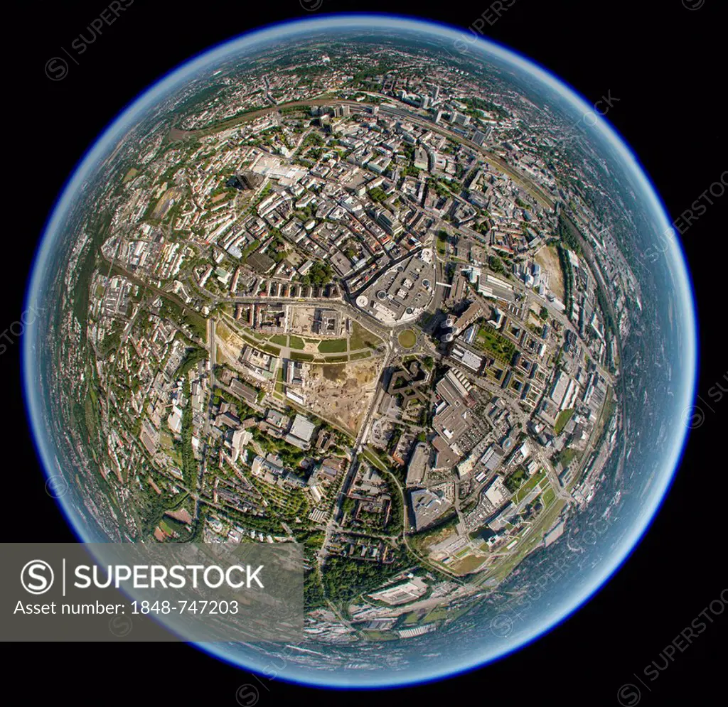 Aerial view shot with a fisheye lens, Gruene Mitte, Essen, Ruhr region, North Rhine-Westphalia, Germany, Europe