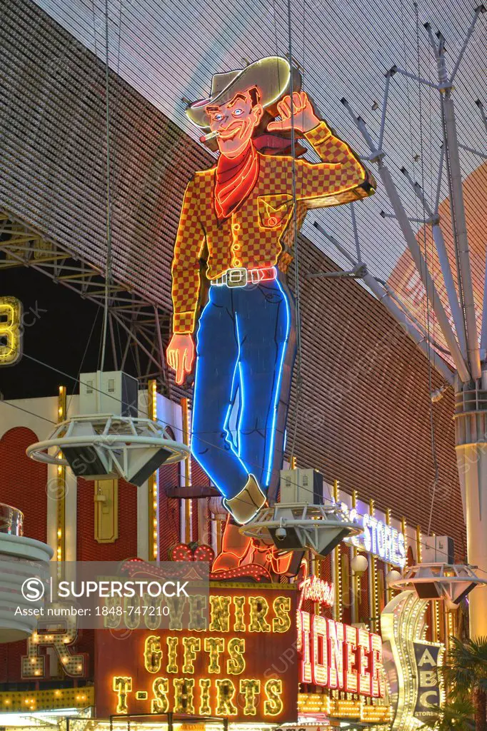 Vegas Vic, the famous cowboy figure and landmark, neon sign in old Las Vegas, Pioneer Casino Hotel, Fremont Street Experience, Downtown Las Vegas, Nev...