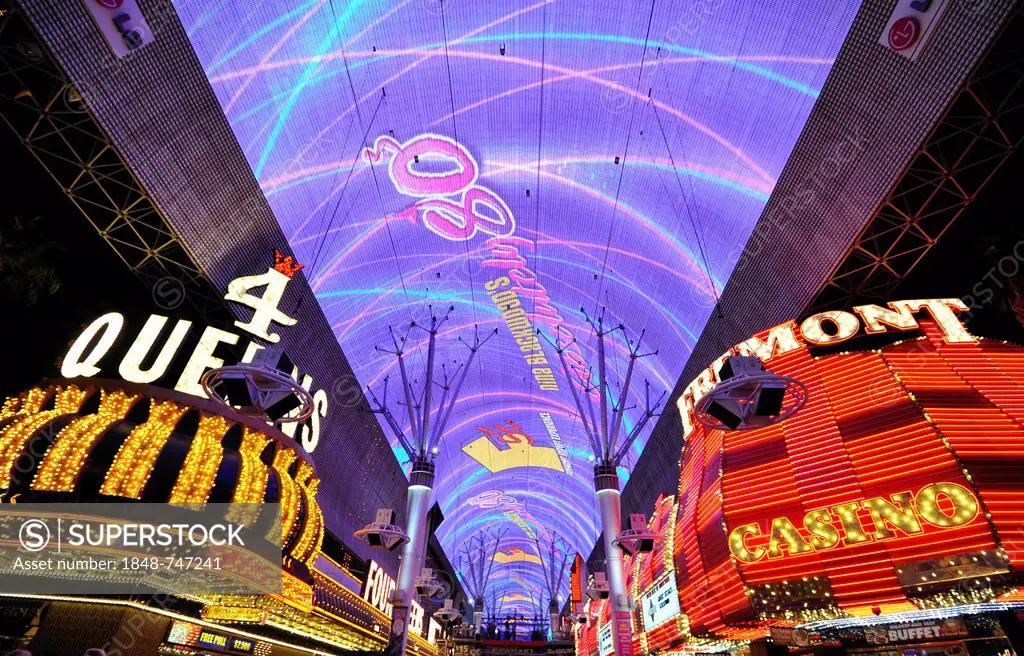 Neon dome of the Fremont Street Experience in old Las Vegas, Casino Hotel 4 Queens, Fremont Casino, Downtown Las Vegas, Nevada, United States of Ameri...