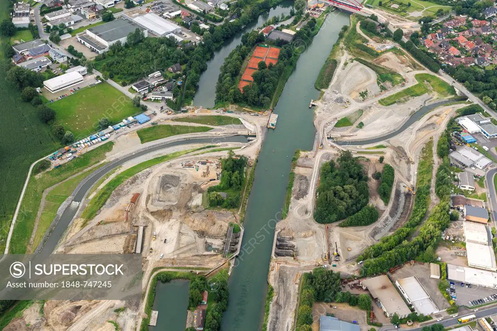Aerial view, Rhine-Herne Canal, Emscher river, Henrichenburg, Castrop-Rauxel, Ruhr Area, North Rhine-Westphalia, Germany, Europe