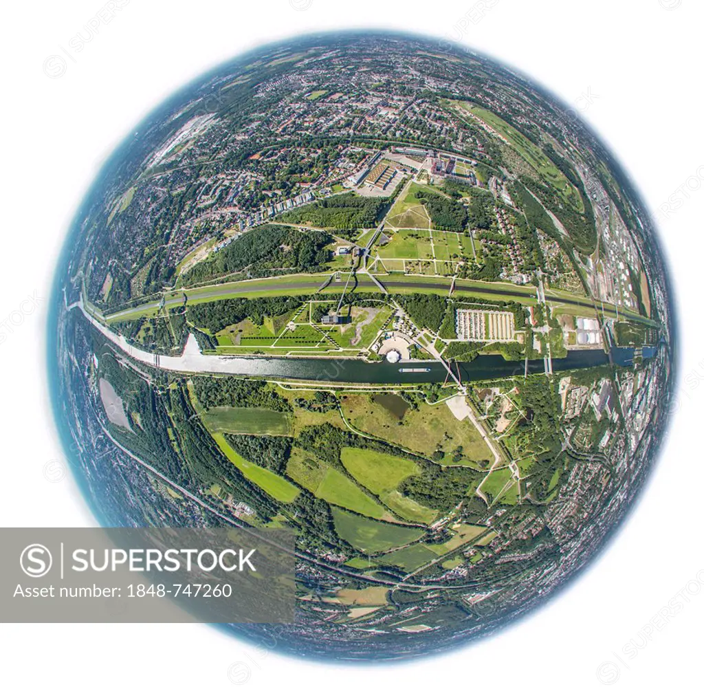 Aerial view, fisheye shot, Nordsternpark, Gelsenkirchen, Ruhr Area, North Rhine-Westphalia, Germany, Europe