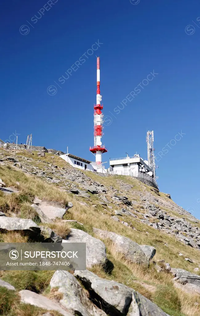 View towards the summit of La Rhune Mountain, 905m, with a radio mast, Basque Country, Pyrenees, Aquitaine region, department of Pyrénées-Atlantiques,...