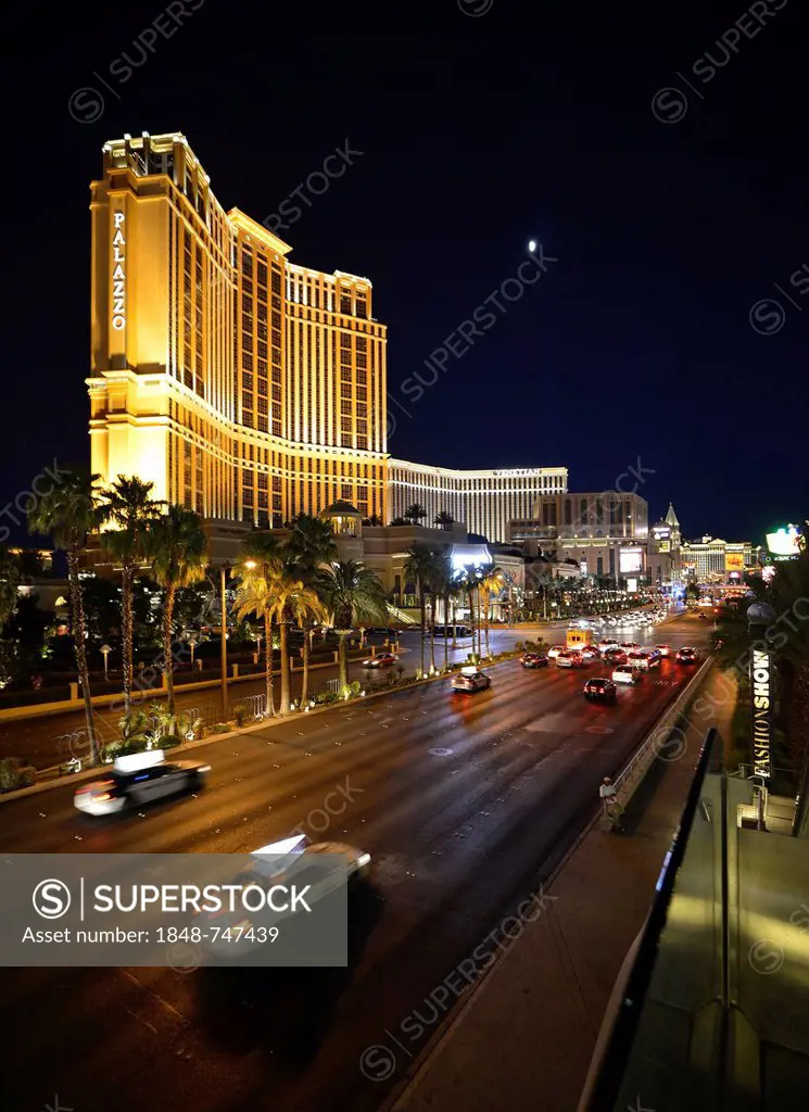 Palazzo, luxury hotel and casino at night, Las Vegas, Nevada, United States of America, USA, PublicGround