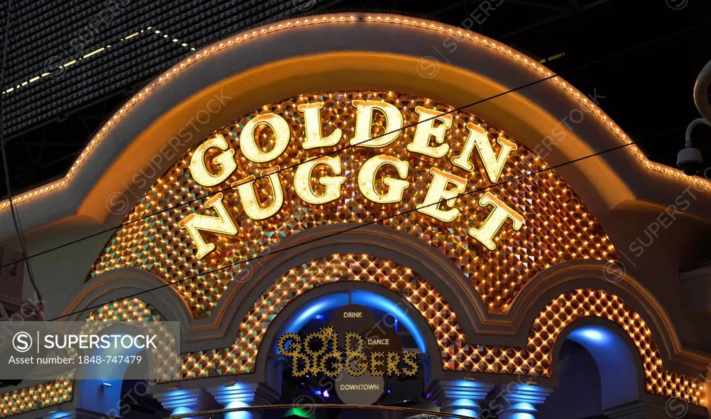 Neon logo of the Golden Nugget Gambling Hotel and Casino, Fremont Street Experience in old Las Vegas, Downtown Las Vegas, Nevada, United States of Ame...