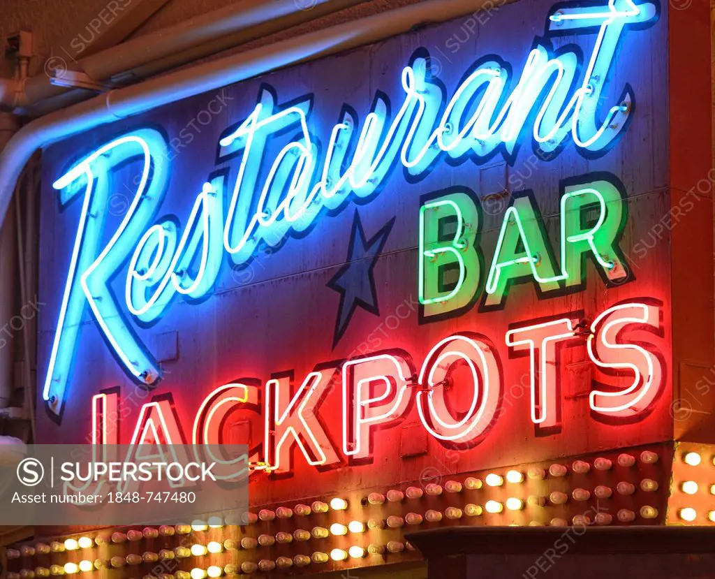 Neon logo, Restaurant, Bar, Jackpots, Fremont Casino and Hotel, Fremont Street Experience in old Las Vegas, Downtown Las Vegas, Nevada, United States ...
