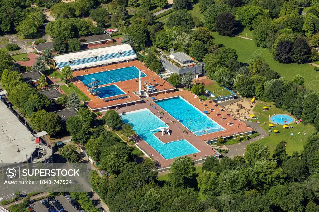 Aerial view, Grugabad, outdoor swimming pool, Essen, Ruhr Area, North Rhine-Westphalia, Germany, Europe