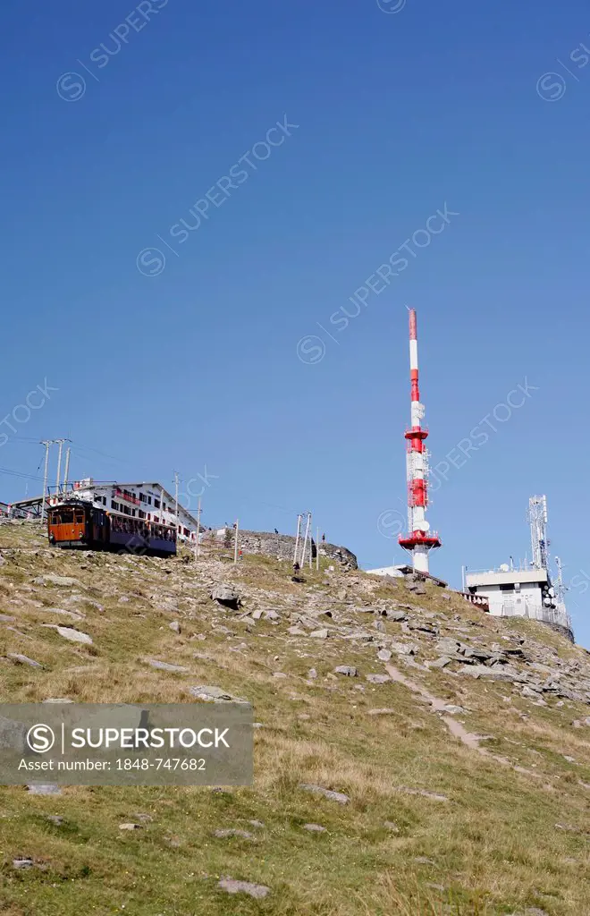Historic funicular from 1924 up to the summit of La Rhune Mountain, 905m, radio mast, Basque Country, Pyrenees, Aquitaine region, department of Pyréné...