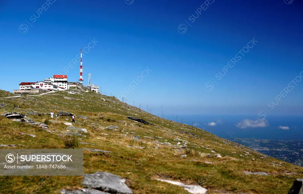 View towards the summit of La Rhune Mountain, 905m, Basque Country, Pyrenees, Aquitaine region, department of Pyrénées-Atlantiques, France, Europe