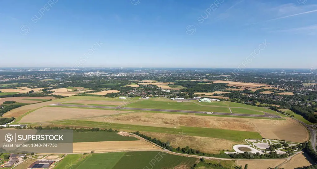 Aerial view, Essen Muelheim Airport, regional airport for general aviation, Essen, Ruhr area, North Rhine-Westphalia, Germany, Europe