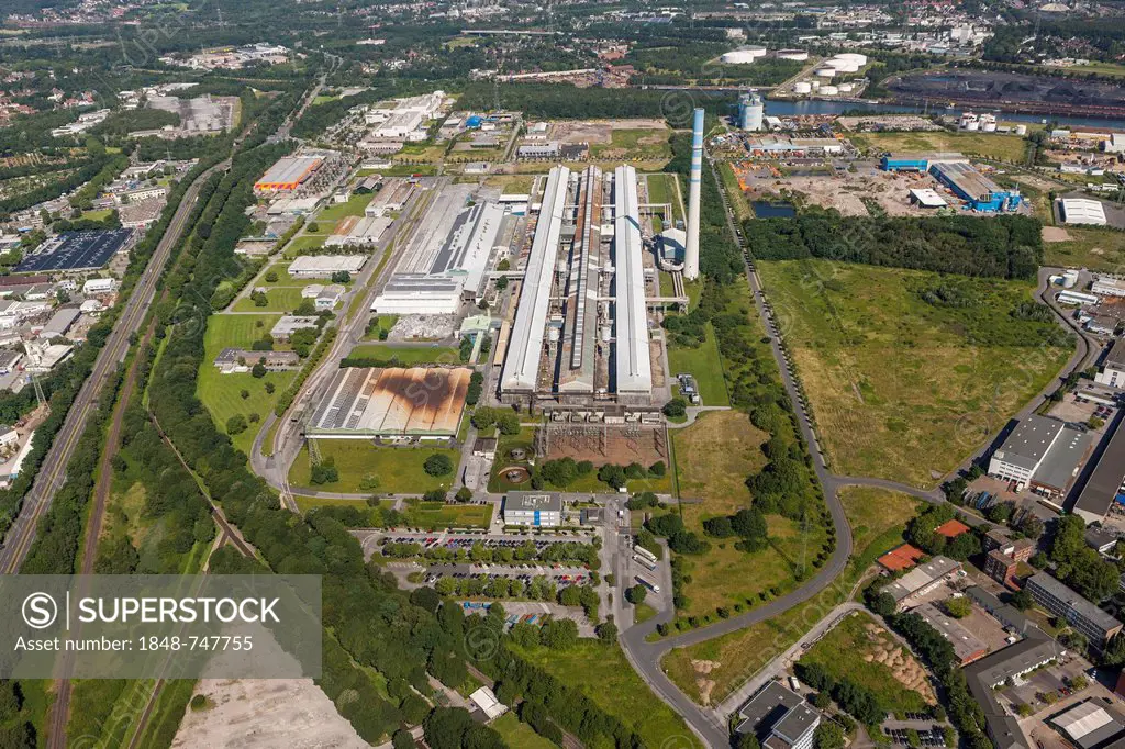 Aerial view, aluminium smelting plant, Econova industrial estate, Bergeborbeck, Essen, Ruhr area, North Rhine-Westphalia, Germany, Europe