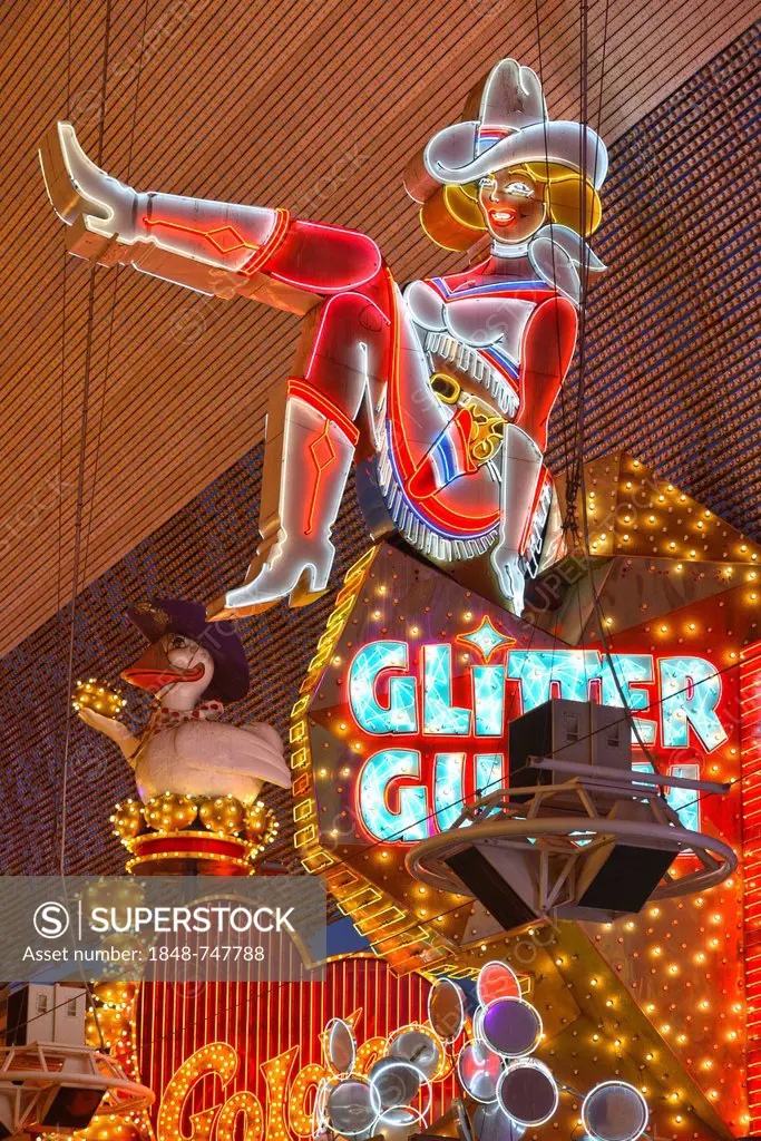 Vicky, the famous cowgirl figure from the neon sign of the Glitter Gulch Casino Hotel, Fremont Street Experience in old Las Vegas, Downtown Las Vegas,...