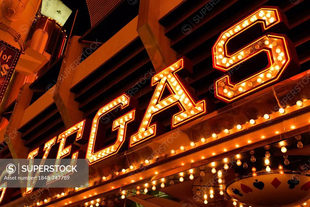 Lettering of the Vegas Club Casino Hotel, Fremont Street Experience in old Las Vegas, Downtown Las Vegas, Nevada, United States of America, USA, Publi...