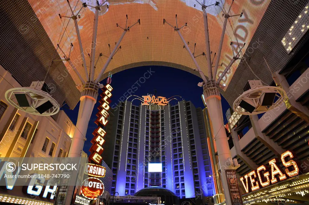 Plaza Casino Hotel, Vegas Club Casino, Fremont Street Experience in old Las Vegas, Downtown Las Vegas, Nevada, United States of America, USA, PublicGr...