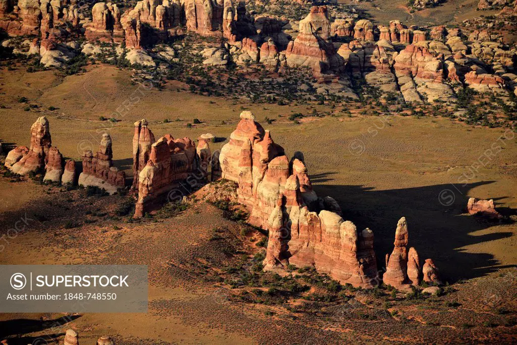 Aerial view, Chesler Park, pinnacles in The Needles District, Canyonlands National Park, Utah, United States of America, USA